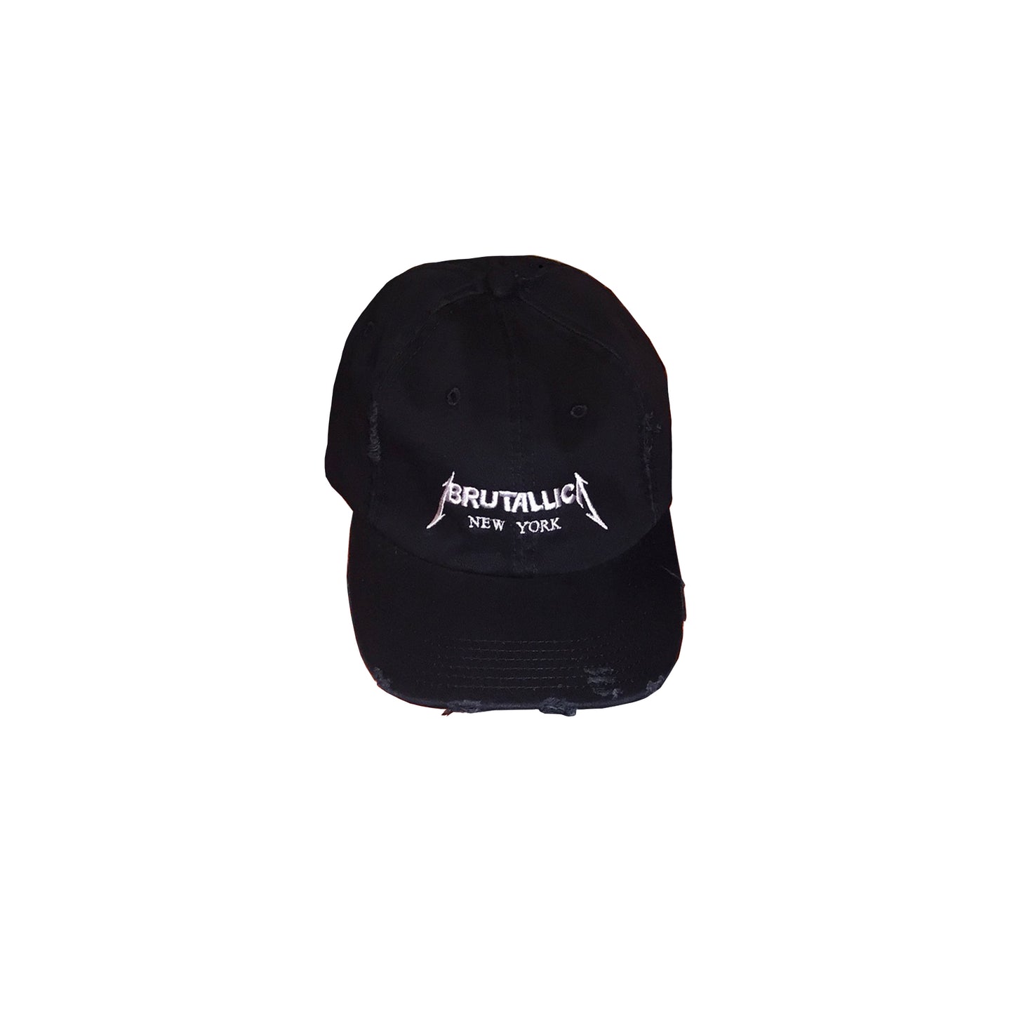Brutallica distressed dad hat in black  colorway with white embroidered logo