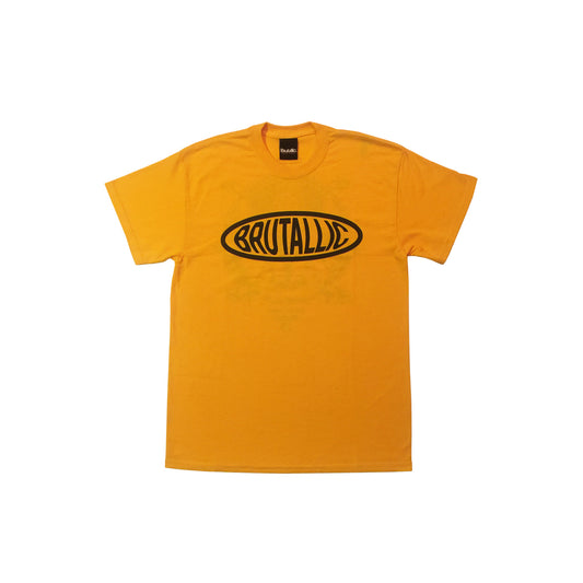 Brutallic Streetwear bubble tee tshirt with oval front logo, and buddha on the back, mustard yellow color