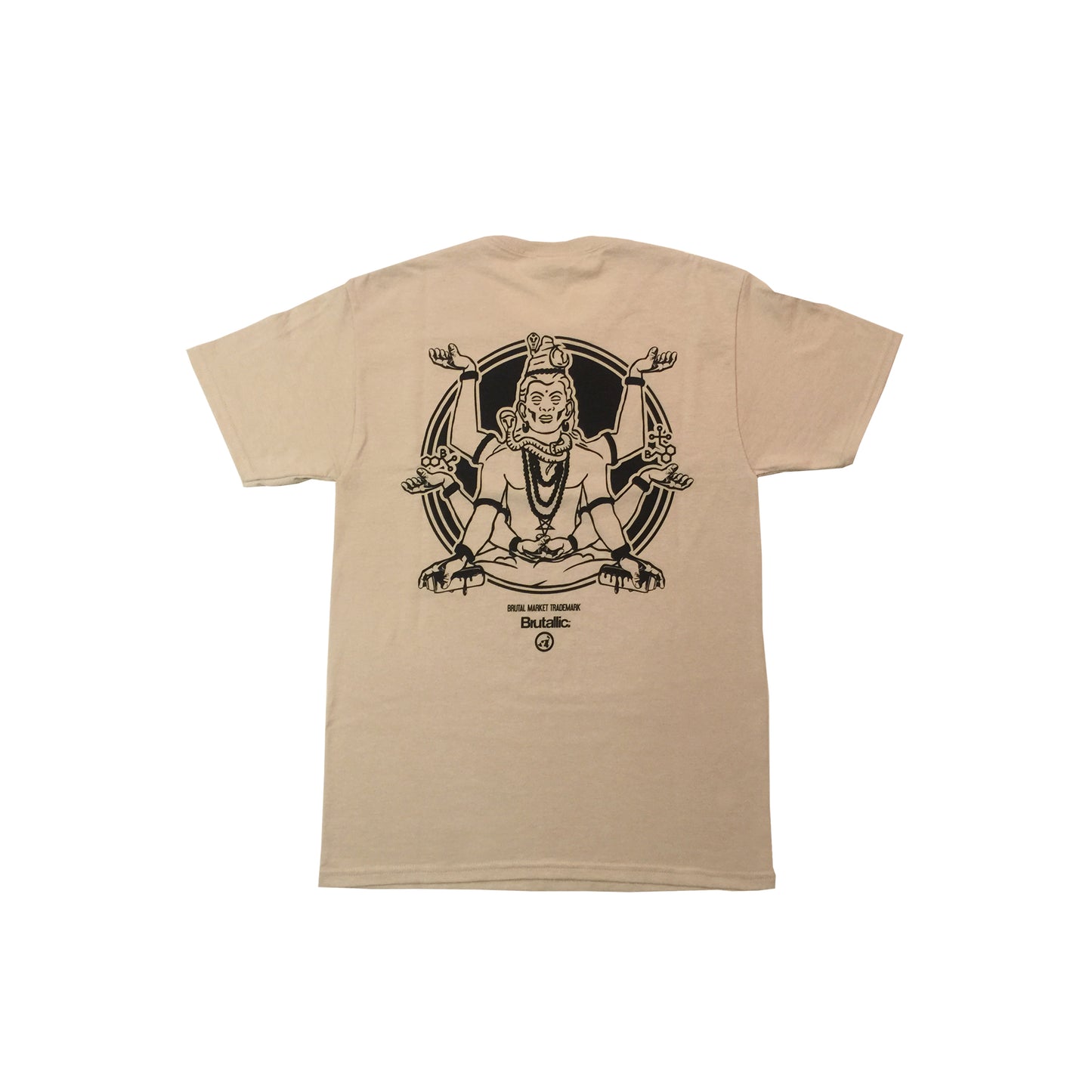 Brutallic Streetwear bubble tea tshirt with oval front logo, and buddha on the back, tan beige khaki color shirt