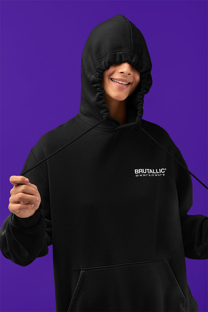 Black hoodie Brutallic Coordinates NYC silly girl woman with hood covering her face