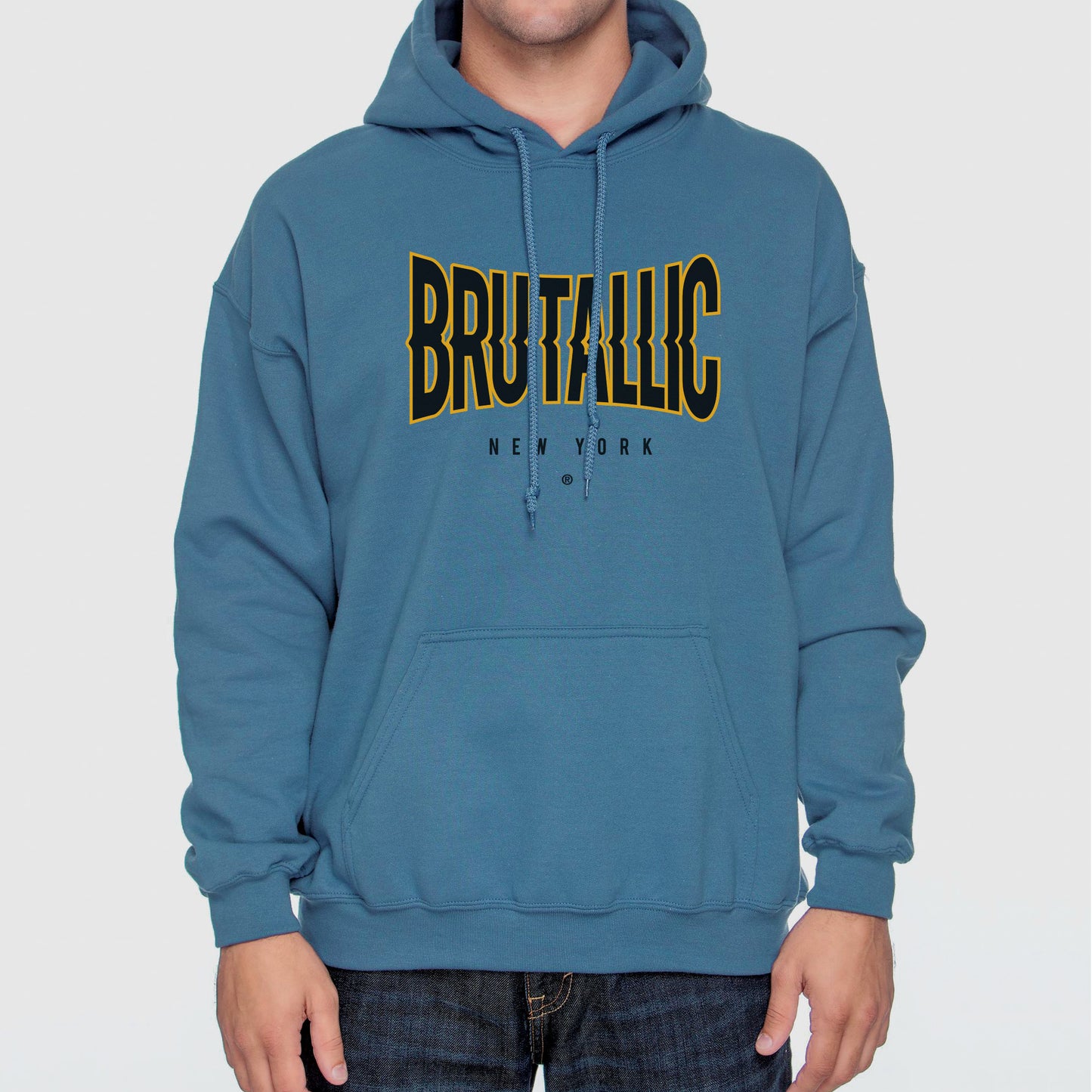 indigo blue hoodie sweatshirt worn by male model front view with disrupted brutallic logo