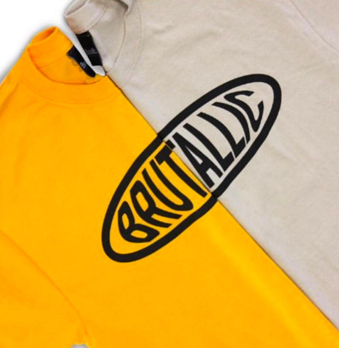 Brutallic Streetwear bubble tea tshirts with oval front logo, and buddha on the back, khaki tan beige color and mustard yellow color shirt close up of cropped front logos split in the middle